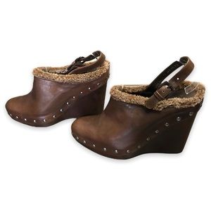 Stuart Weitzman Clogger Timber Old West Calf Leather Brown Wedge Studs Size 9 M